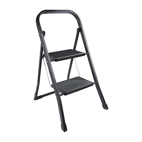 YSSOA 2 Step Ladder, Folding Step Stool with Wide Anti-Slip Pedal, 550 lbs Sturdy Steel Ladder, Convenient Handgrip, Lightweight, Portable Steel Step Stool, Black