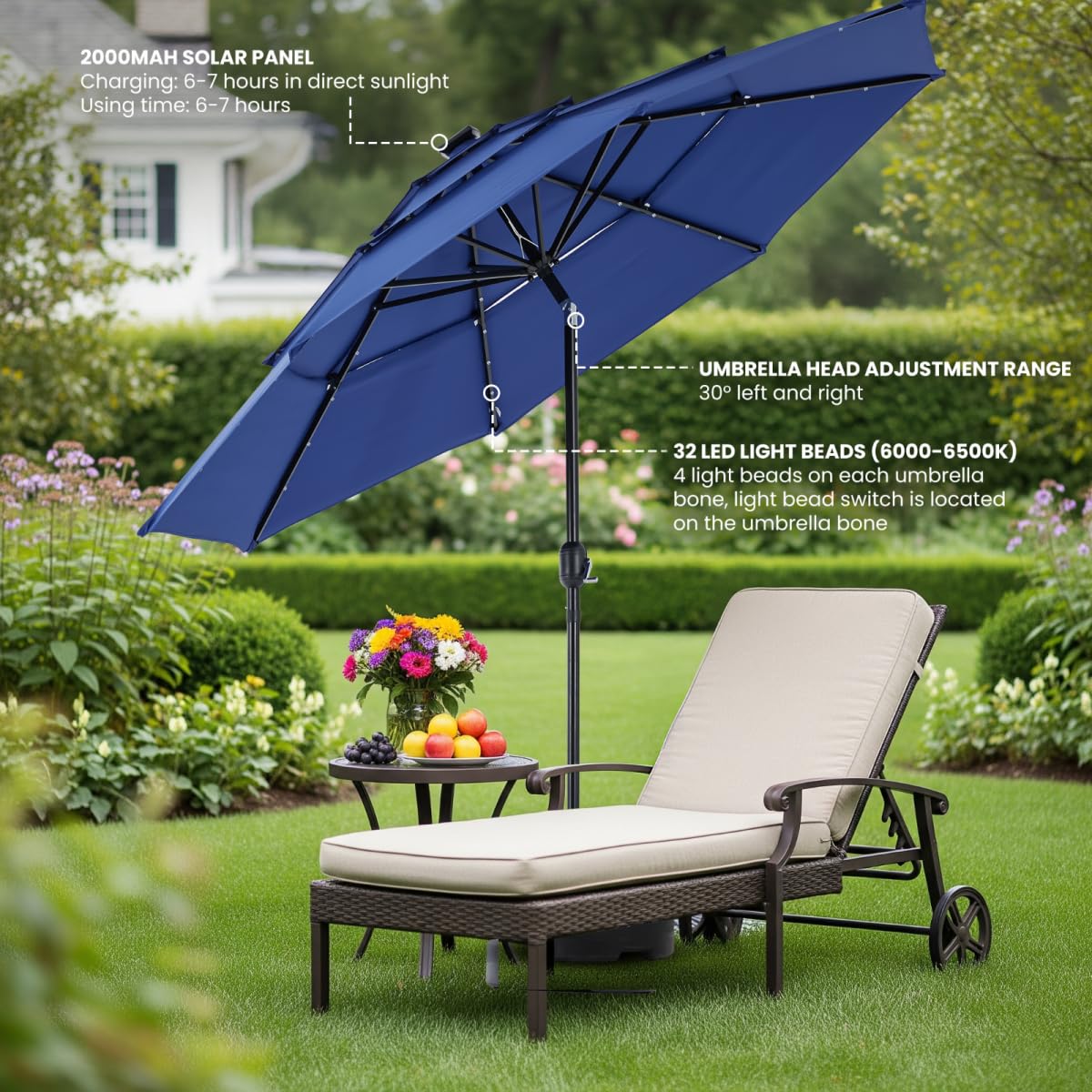 Simple Deluxe 10' 3-Tiers Solar Patio Umbrella 32 LED Lighted Table Market Umbrellas with Push Button Tilt/Crank Outdoor Umbrella for Garden, Deck, Backyard and Pool