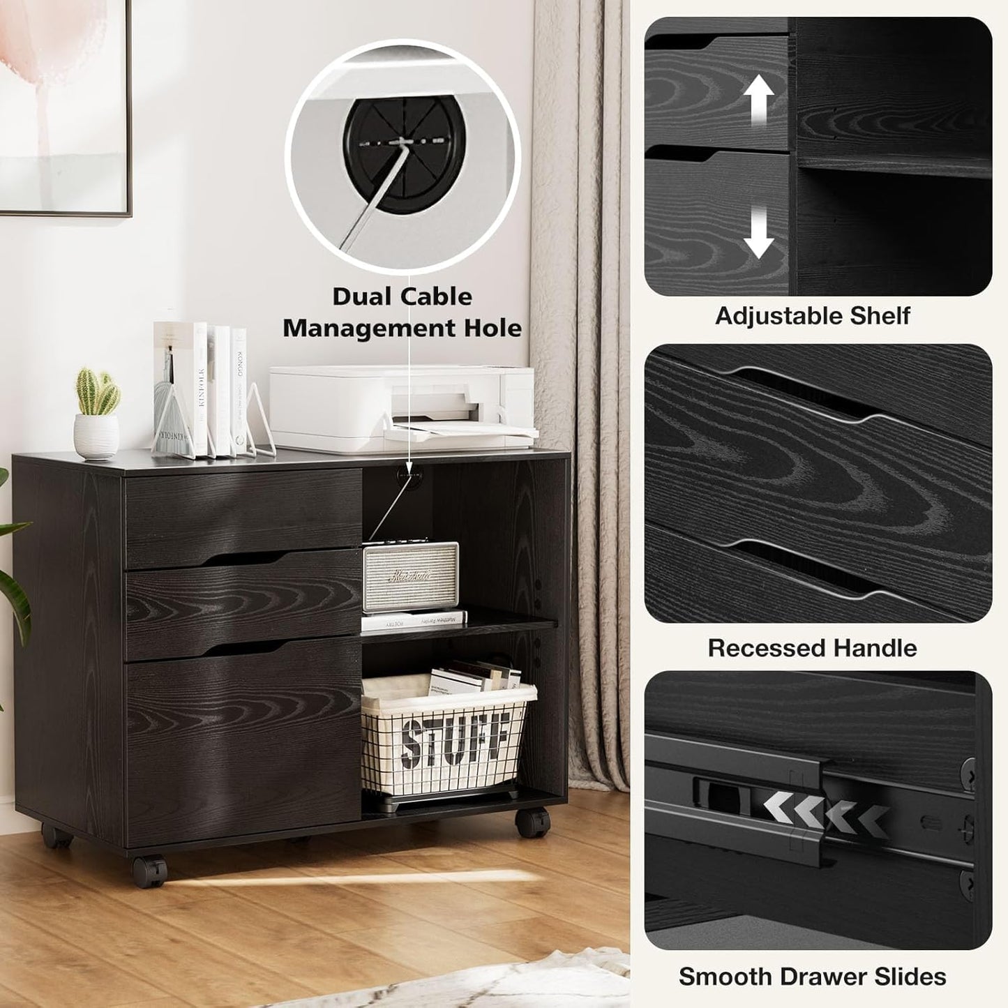 Simple Deluxe 3-Drawer File Cabinet, Lateral Mobile Filing Cabinet Wood Storage Organizer with Wheels