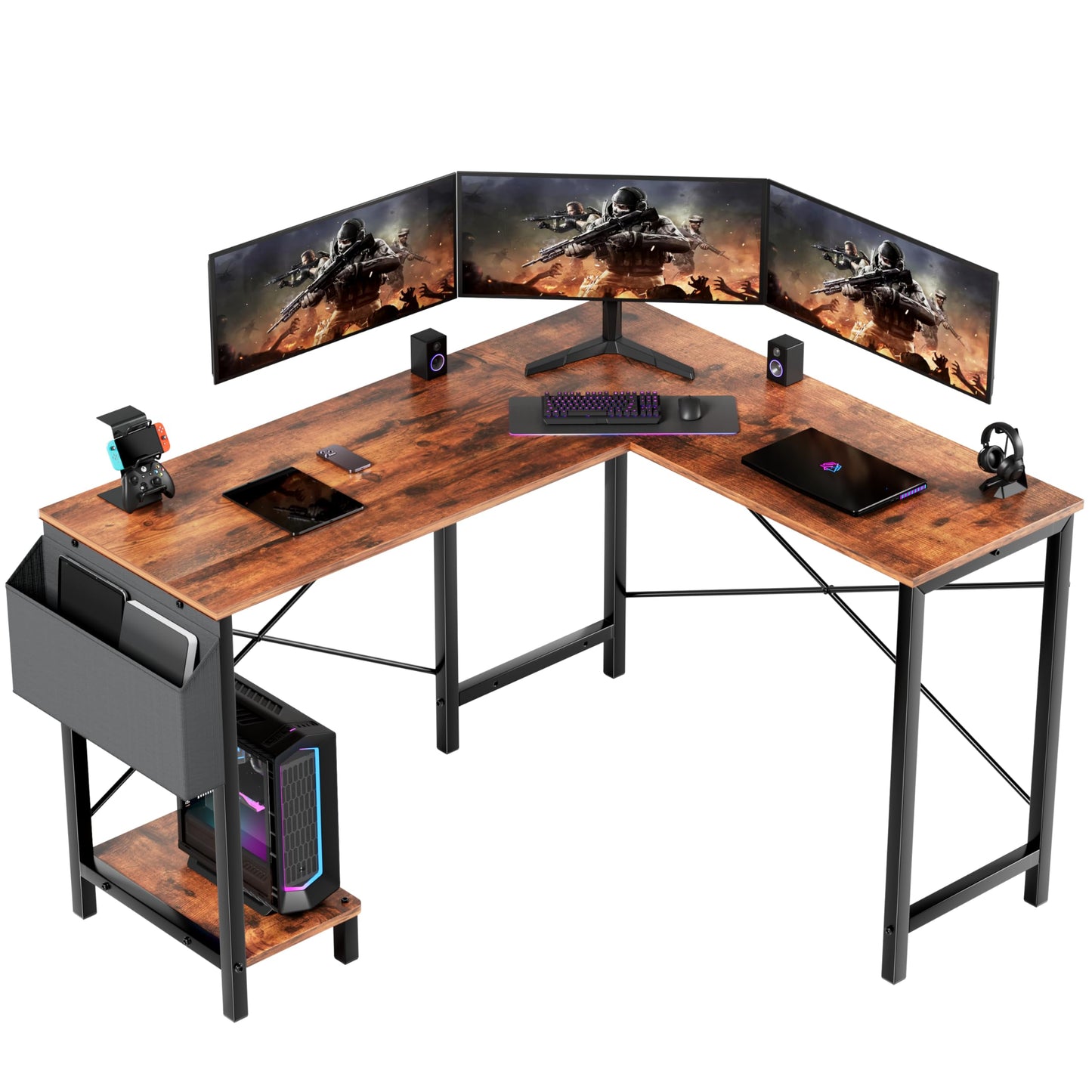 Miibox 50" L Shaped Gaming Desk with Reversible Corner - Home Office Computer Desk with Wood Top, Metal Frame, CPU Stand & Storage Bag for Small Space, Gaming Room