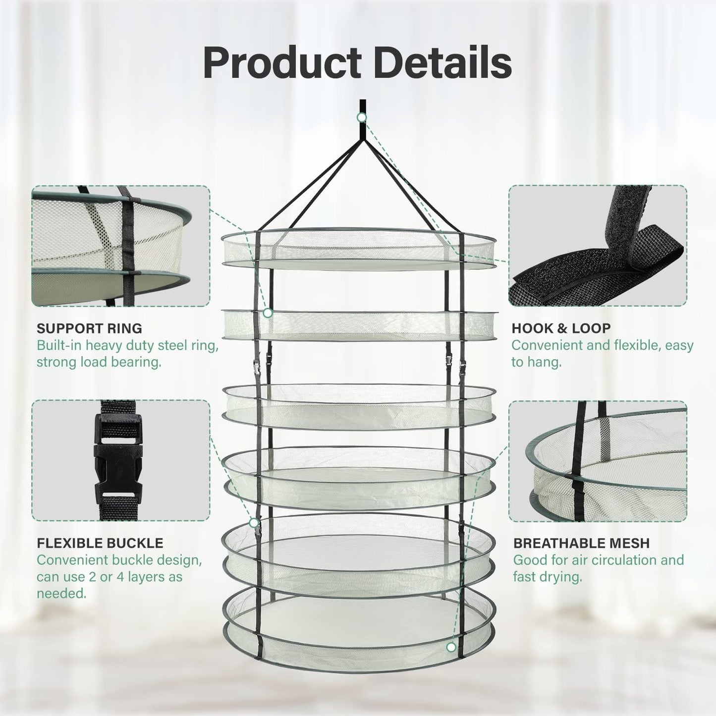 YSSOA 4 Layer 24'' Herb Drying Rack, Hanging Dry Mesh Folding Basket Dryer with Detachable Design & Hook for Plants, Herbs, Seeds and Buds in Grow Tent, Closet, Hydroponics, Garden Outdoor