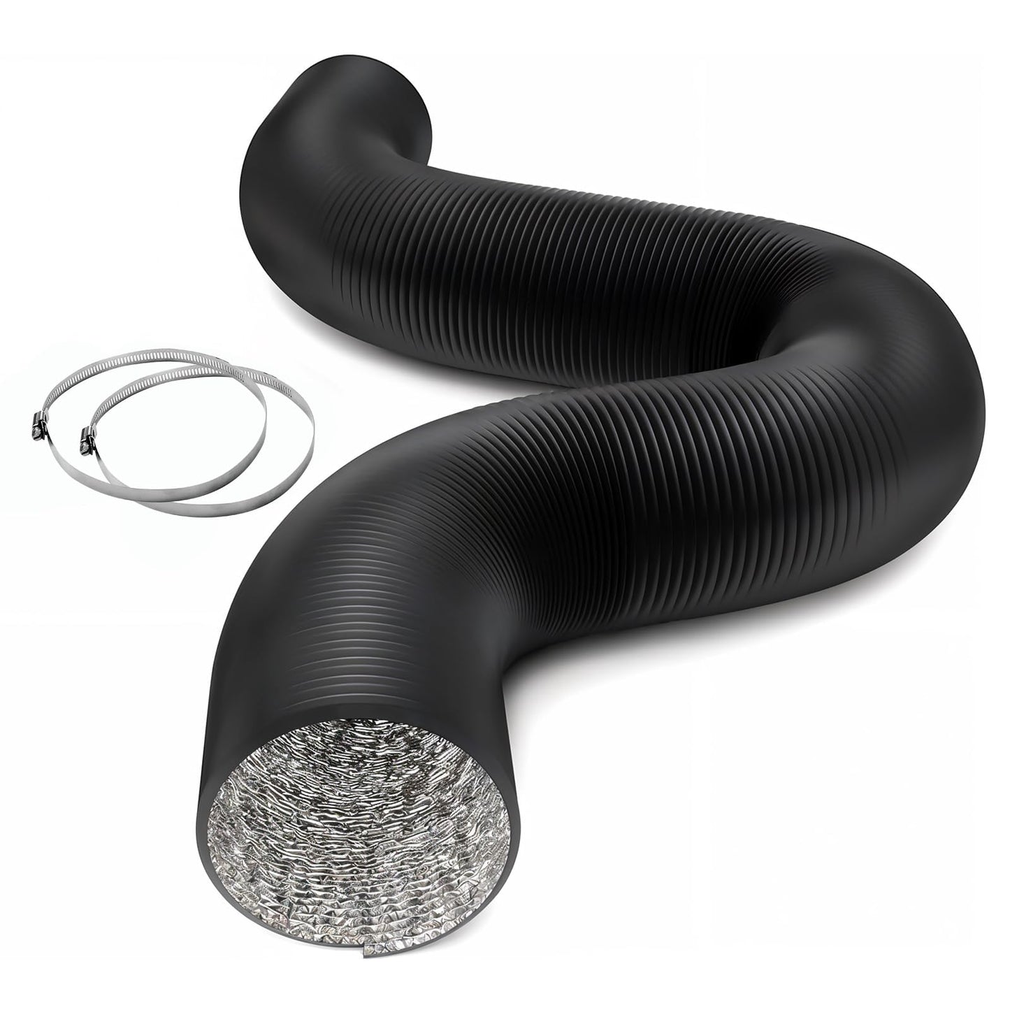 iPower Flexible 6 Inch 8 Feet Aluminum Ducting 4 Layer Protection Dryer Vent Hose for HVAC Heating Cooling Exhaust and Ventilation, 2 Clamps Included, Black