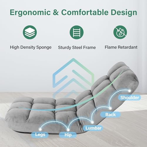 YSSOA Folding Floor Chair with Back Support Convertible Comfy Chair Recliner Memory Foam Padded Sleeper Sofa Chair for Bedroom Gaming Working Meditation Reading Adults Kids Grey