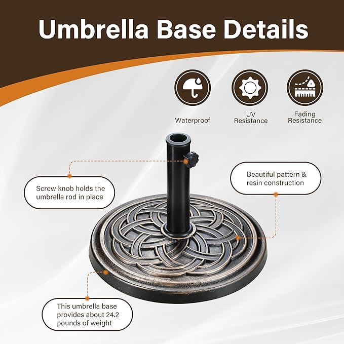 InfiniPower 24lbs Round Antiqued Umbrella Base Heavy Duty Umbrella Stand Durable Holder Patio Umbrella Base for Lawn, Deck, Poolside, Garden, Bronze