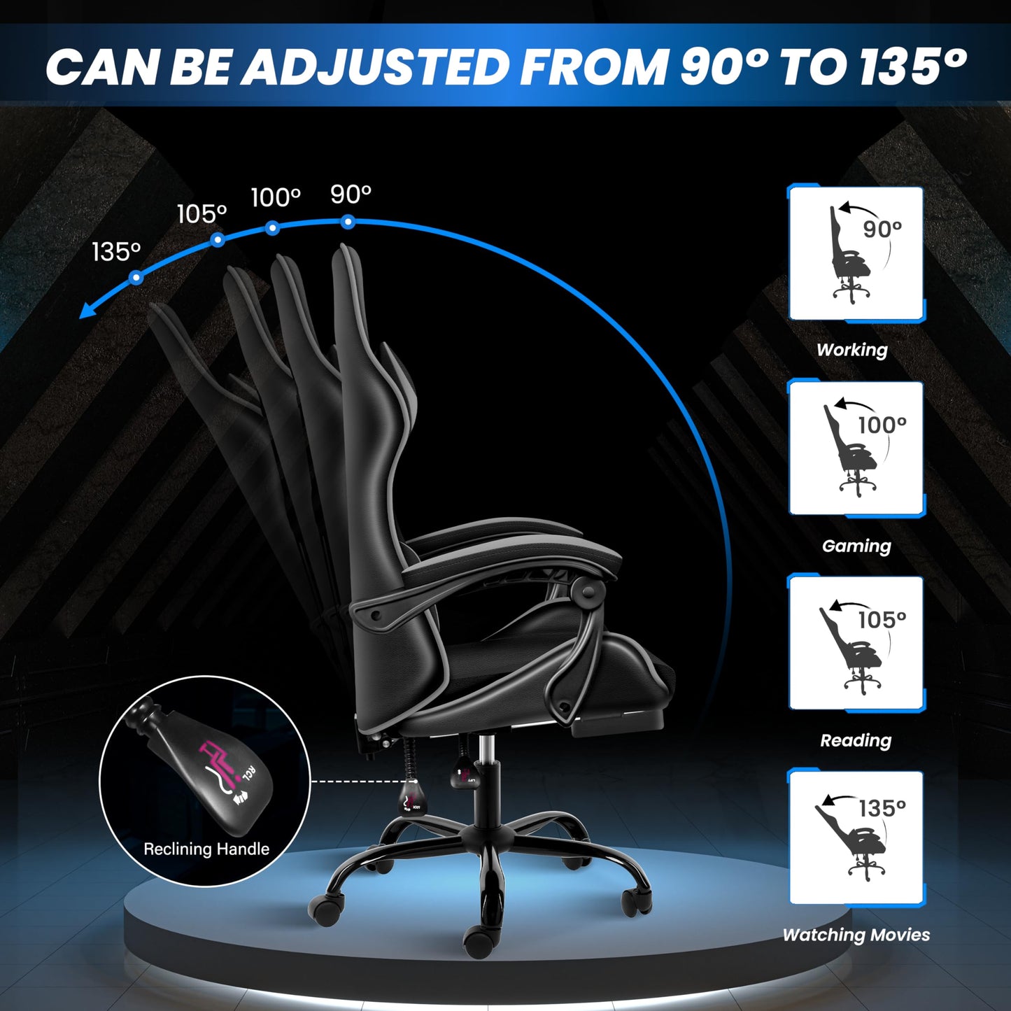 Gaming Chair, Backrest and Seat Height Adjustable Swivel Recliner Racing Office Computer Ergonomic Video Game Chair with Footrest and Lumbar Support