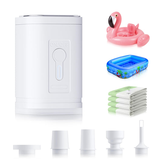 Air Pump for Inflatables Portable Air Pump with LED Light 3 Modes, Electric Mini Tiny Type C Rechargeable, Quickly Inflate & Deflate for Swimming Ring, Toys, Pool Float, Deflate Storage Bag – White
