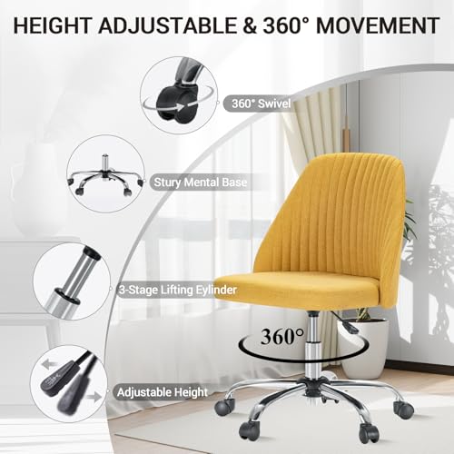 YSSOA Office Desk Chair with Back and Wheels Computer Fabric Chair Armless Adjustable Height Comfy Vanity Chair with Swivel Rolling Home Chairs