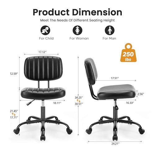 Small Office Chair, Armless Desk Chair with Wheels, Height Adjustable PU Leather Computer Task with Lumbar Support, 360° Swivel Rolling Chair No Arms for Small Space, Bedroom, Home, Office