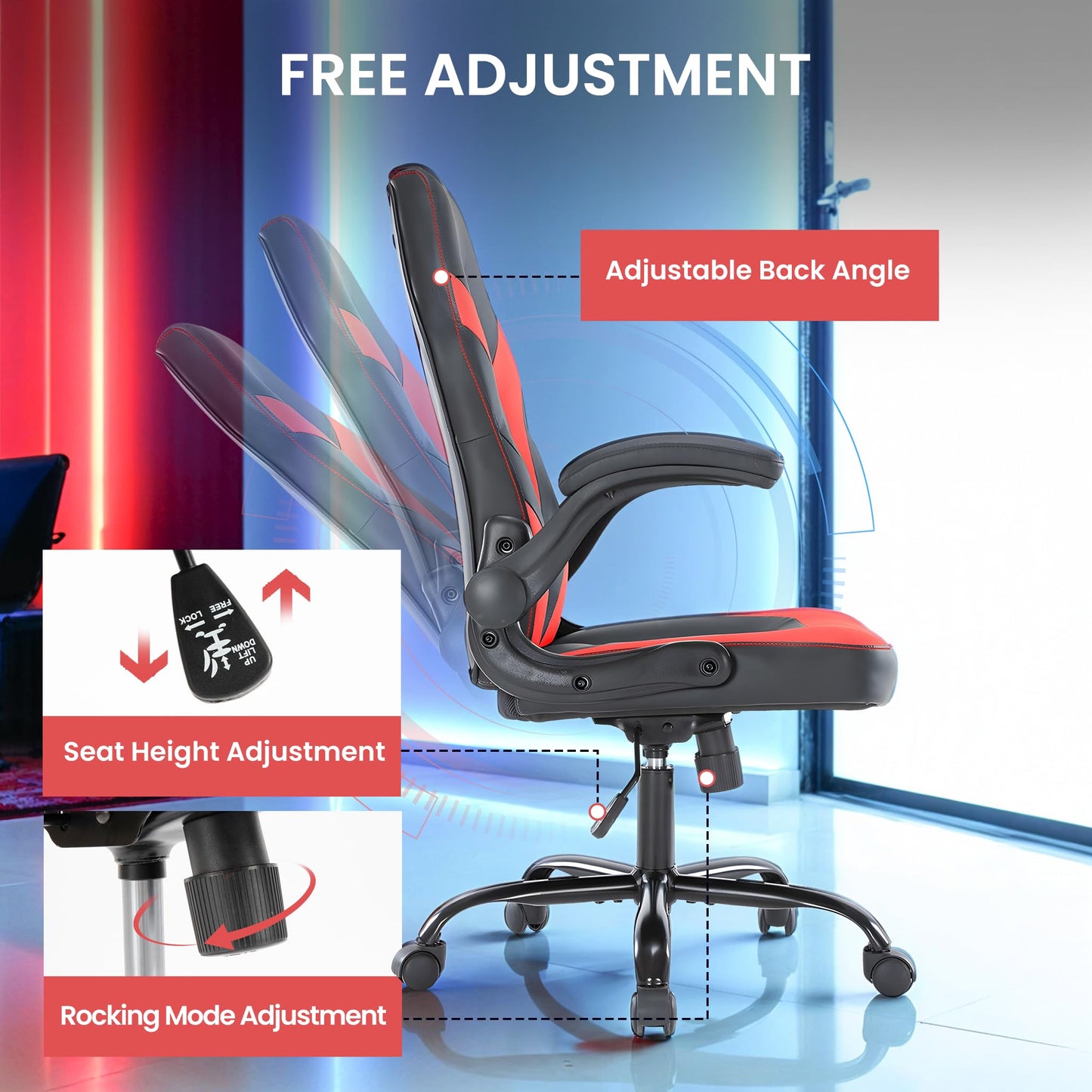 YSSOA Computer Gaming Chair PU Leather Ergonomic Lumbar Support with Flip-up Armrest and 360° Swivel Wheels, Height Adjustable Task Home Office Desk Video Racing, Red