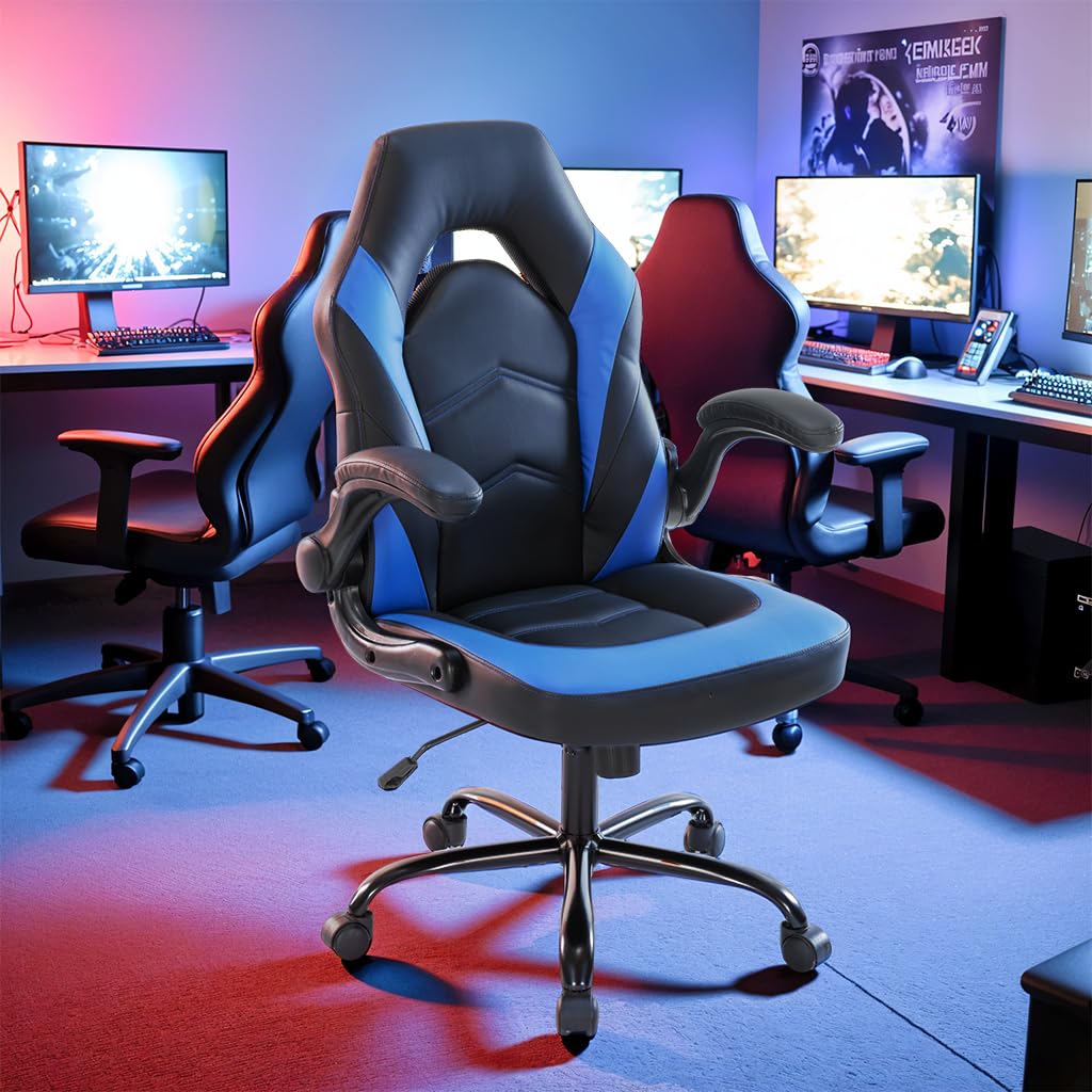 YSSOA Computer Gaming Chair PU Leather Ergonomic Lumbar Support with Flip-up Armrest and 360° Swivel Wheels, Height Adjustable Task Home Office Desk Video Racing