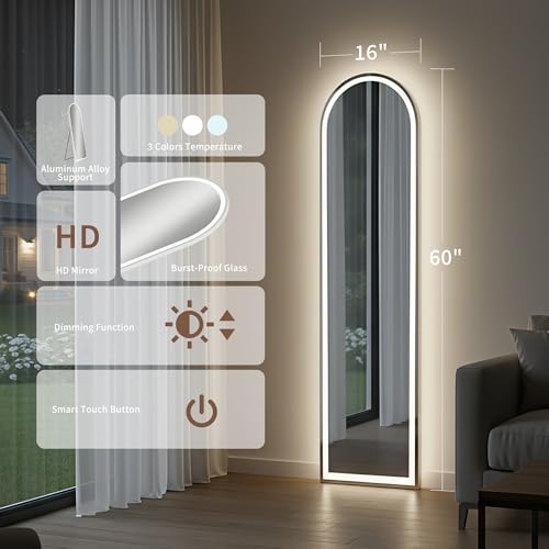 Simple Deluxe Floor Mirror with Dimming & 3 Color Lighting, Free Standing Floor Mirror, Lighted Full Body Mirror for Bedroom, Dressing Room, Cloakroom