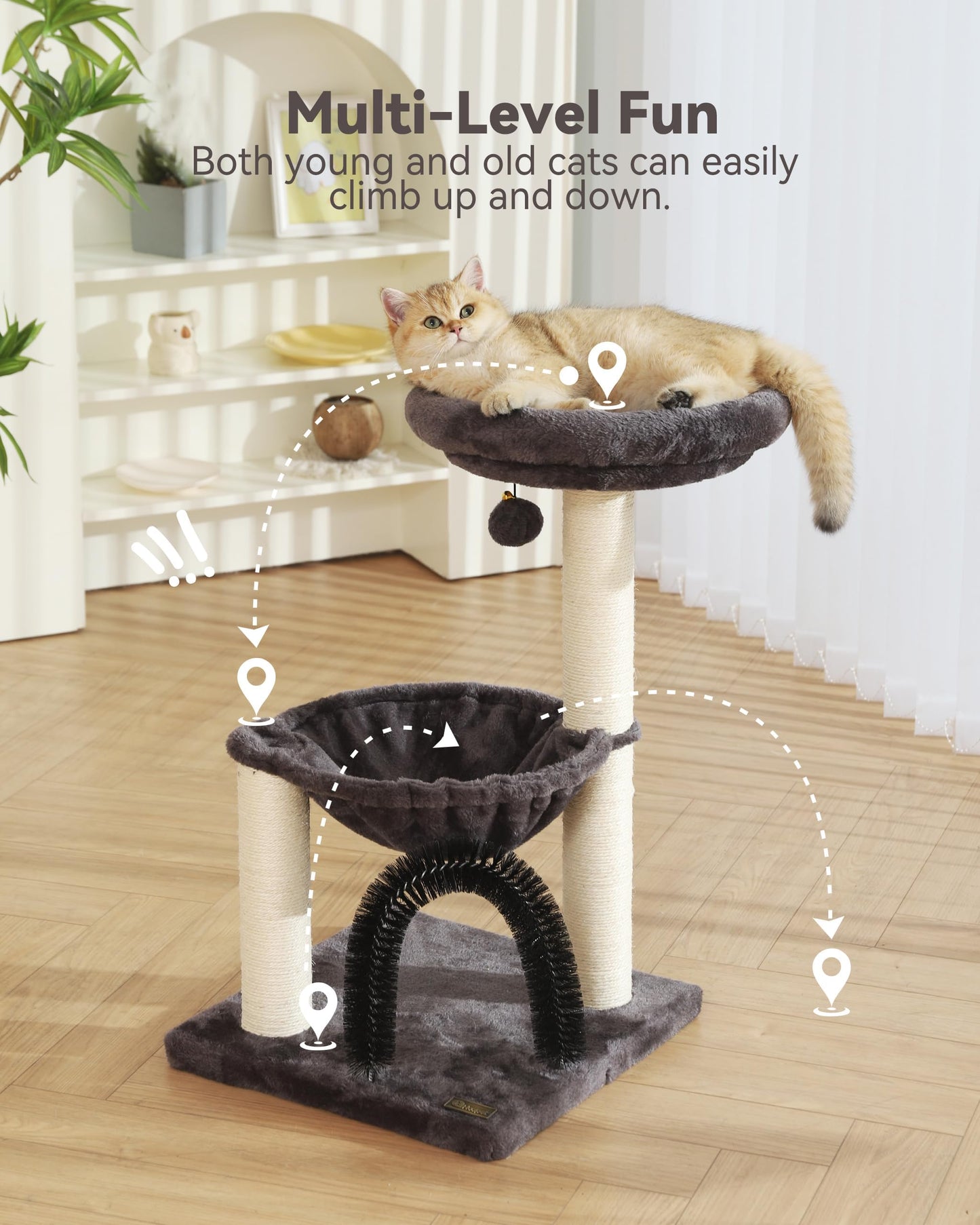 Cat Tree Tower for Indoor Cats,27.8 Inches Multi-Level Cat Tree with Scratching Posts Plush Basket & Perch for Play Rest, Cat Activity Tree with Dangling Ball for Kittens/Small Cats