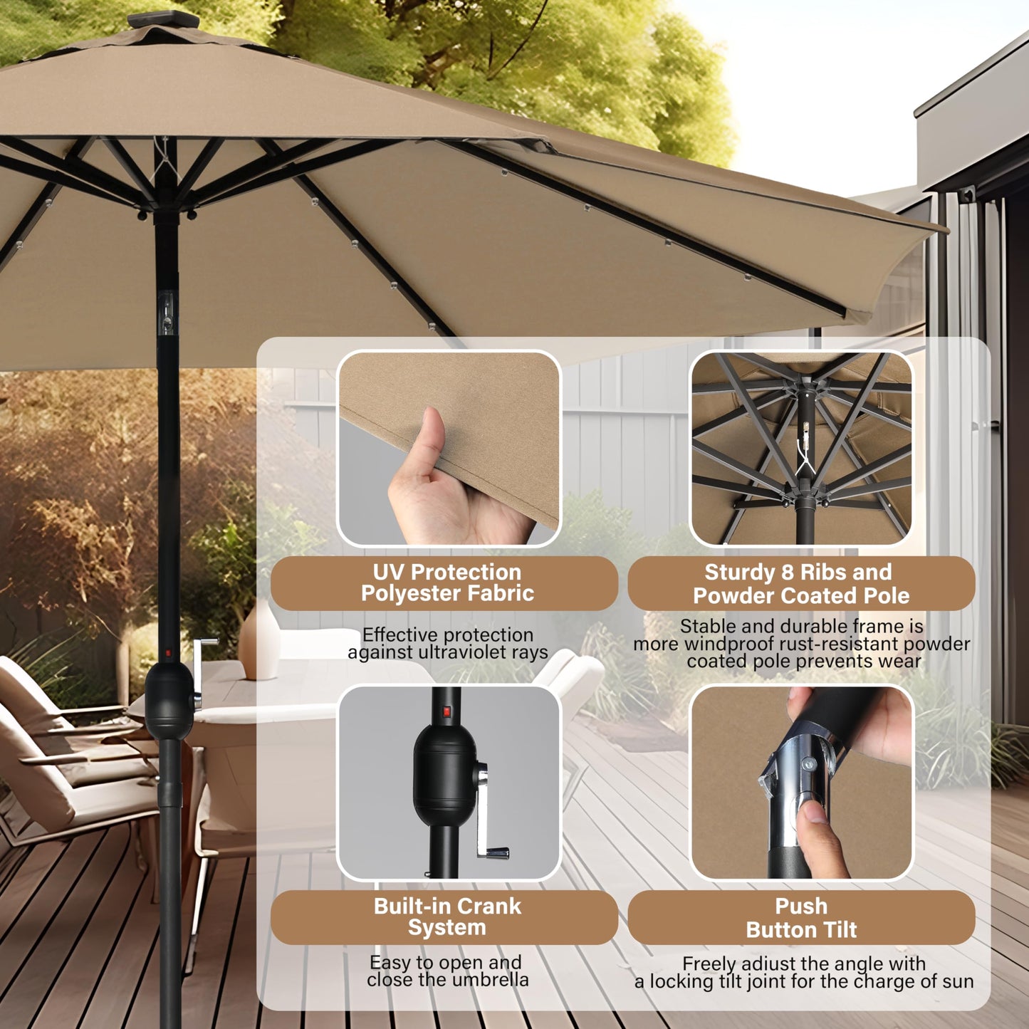 HealSmart 7.5ft Patio Umbrella with Push Button Tilt/Crank, Outdoor Table Market Yard Umbrella, 6 Sturdy Ribs for Garden, Deck, Backyard, Pool