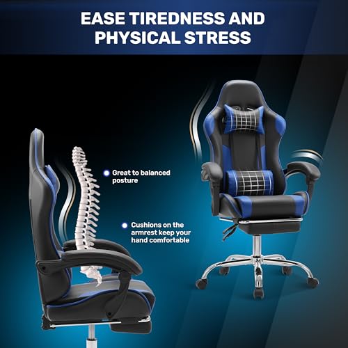 Simple Deluxe Video Gaming Chair with Footrest and Lumbar Support, Ergonomic PU Leather Computer Chair, 360° Swivel - Height Adjustable Game Chair for Office/Gaming(Black Blue)