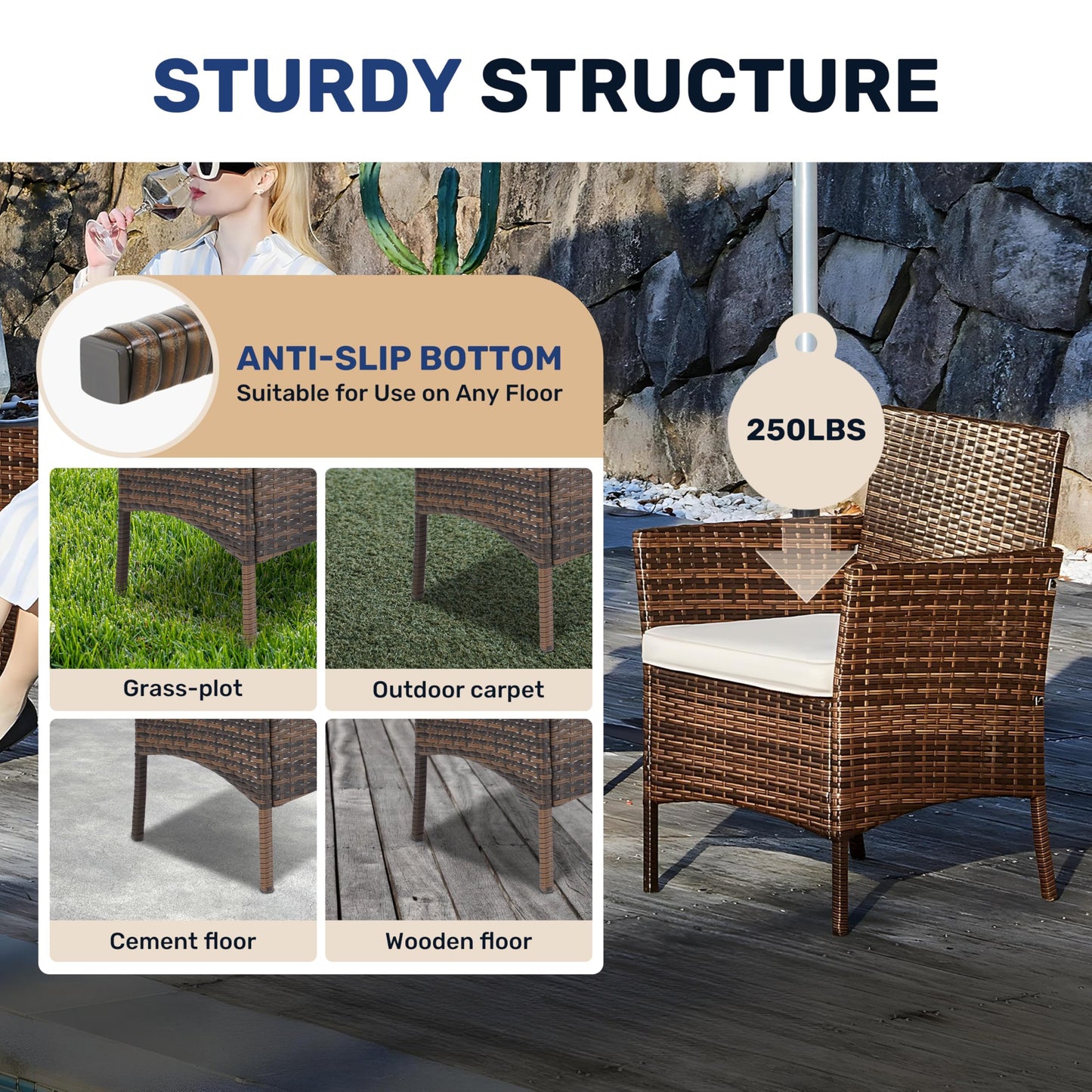 Simple Deluxe 3-Piece Patio Set, PE Rattan Chairs with Cushions & Glass Table, Waterproof Outdoor Conversation Set for Garden, Backyard, Balcony