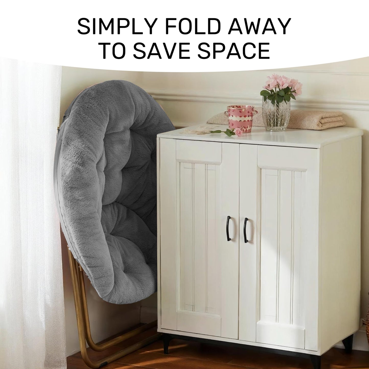 Saucer Chair Comfy Faux Fur, Folding Moon Chair with Metal Frame, Cozy Round Chair, Lounge Lazy Chair for Living Room Bedroom Adults Kids Teens