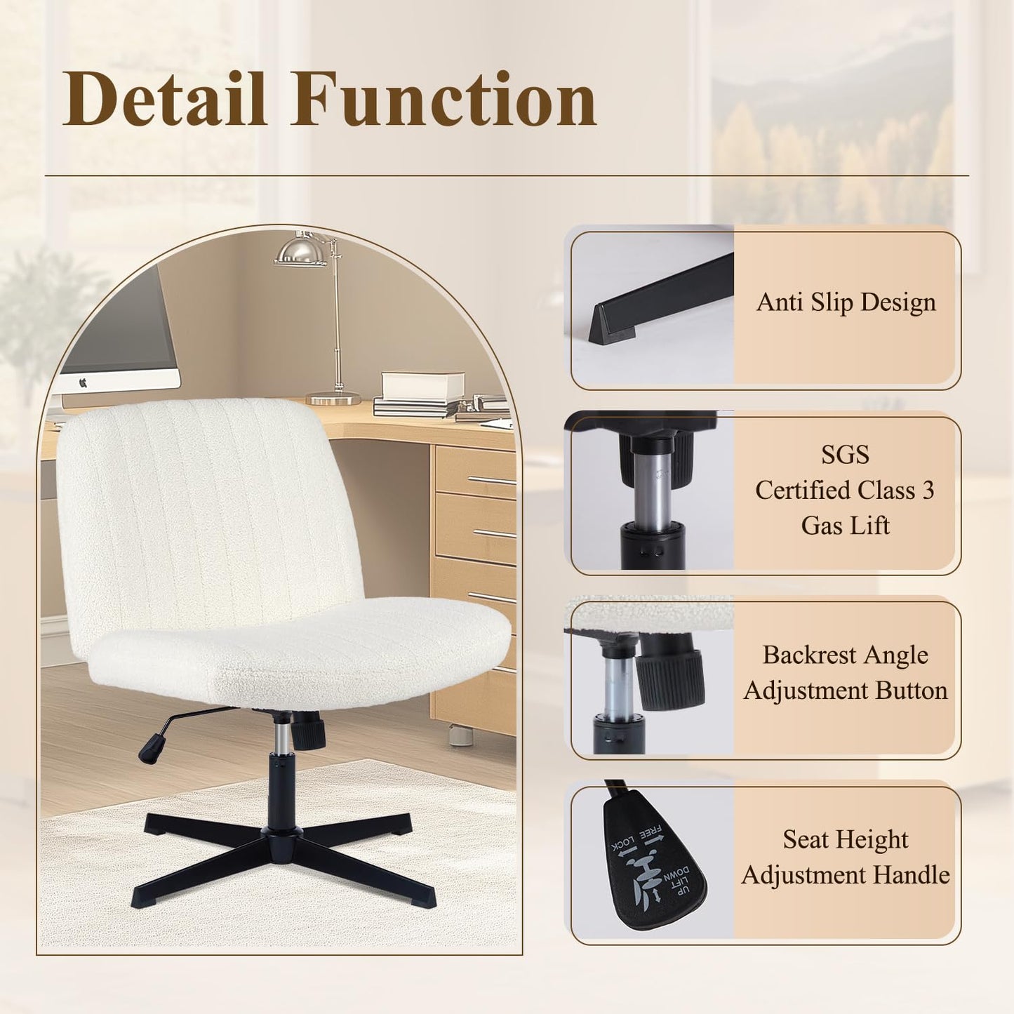 YSSOA Criss Cross Legged Chair with Back Office Desk Chair Fabric No Wheels Comfy Wide Vanity Chair Swivel Armless Height Adjustable Chair Computer Chair for Home
