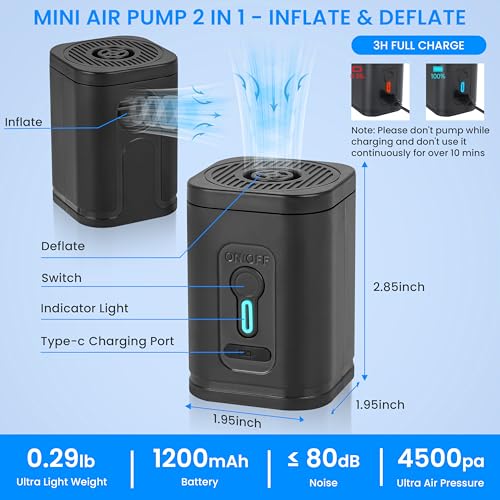 Air Pump for Inflatables Portable Air Pump Electric Mini Tiny with Type C Rechargeable, Quickly Inflate & Deflate for Swimming Ring, Toys, Pool Float, Air Mattress, Deflate Storage Bag