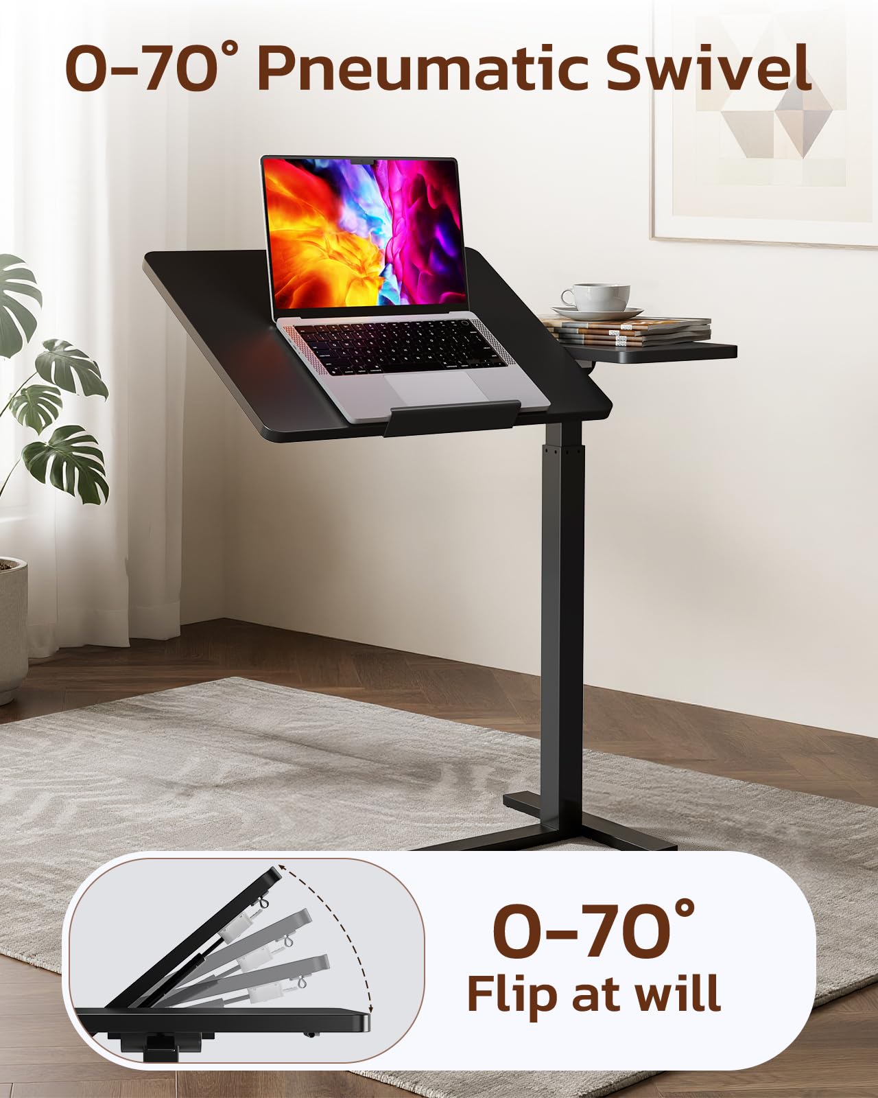 Simple Deluxe Adjustable Overbed Bedside Table with Wheels, Rolling Laptop Table, Pneumatic Adjustable Hospital & Home Use Bed Table, Mobile Standing Desk, Brown
