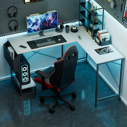 L Shaped Desk Gaming Computer 50 Inch Reversible Corner Table PC Work Table for Writing Study Student with Wood Metal Frame CPU Stand Side Bag for Home Office Small Place