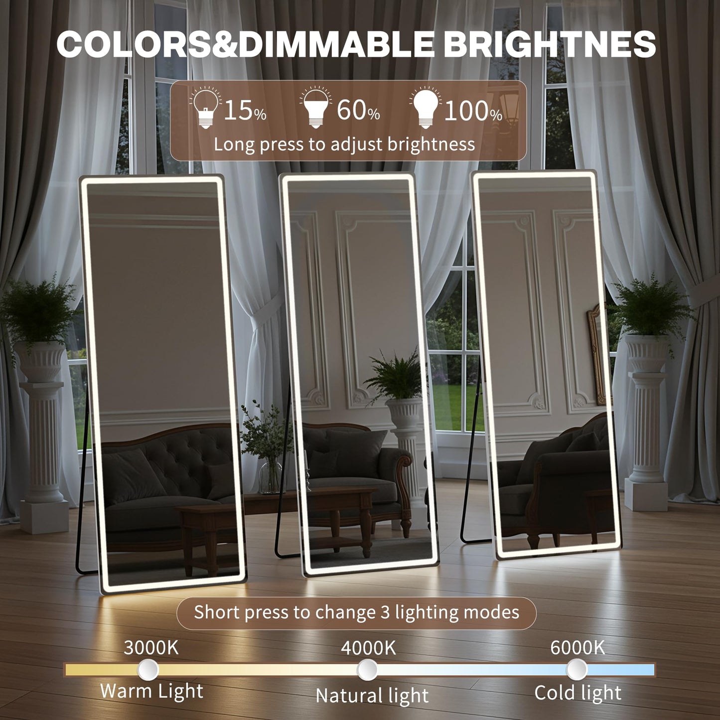 Full Length Mirror with LED Lights, Floor Mirror with Dimming & 3 Color Lighting, Free Standing Floor Mirrors