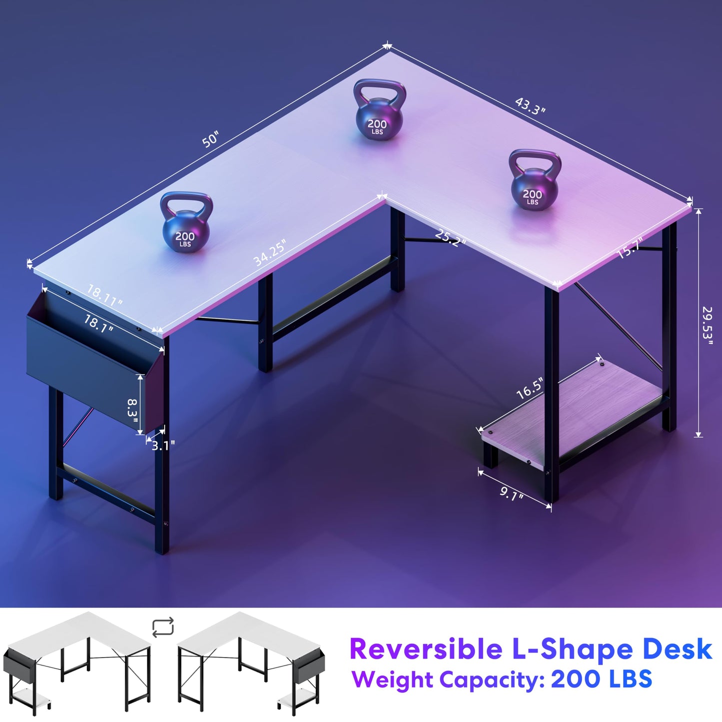 Miibox 50" L Shaped Gaming Desk with Reversible Corner - Home Office Computer Desk with Wood Top, Metal Frame, CPU Stand & Storage Bag for Small Space, Gaming Room