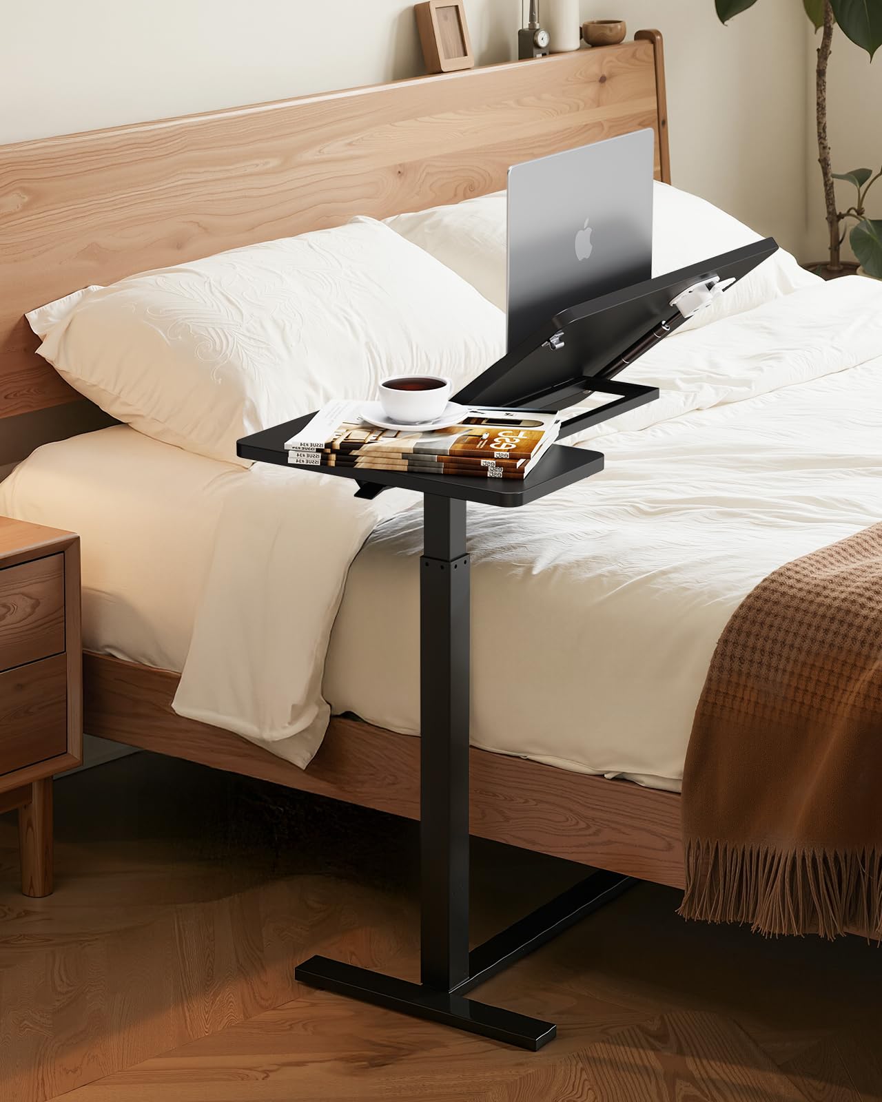Simple Deluxe Adjustable Overbed Bedside Table with Wheels, Rolling Laptop Table, Pneumatic Adjustable Hospital & Home Use Bed Table, Mobile Standing Desk, Brown