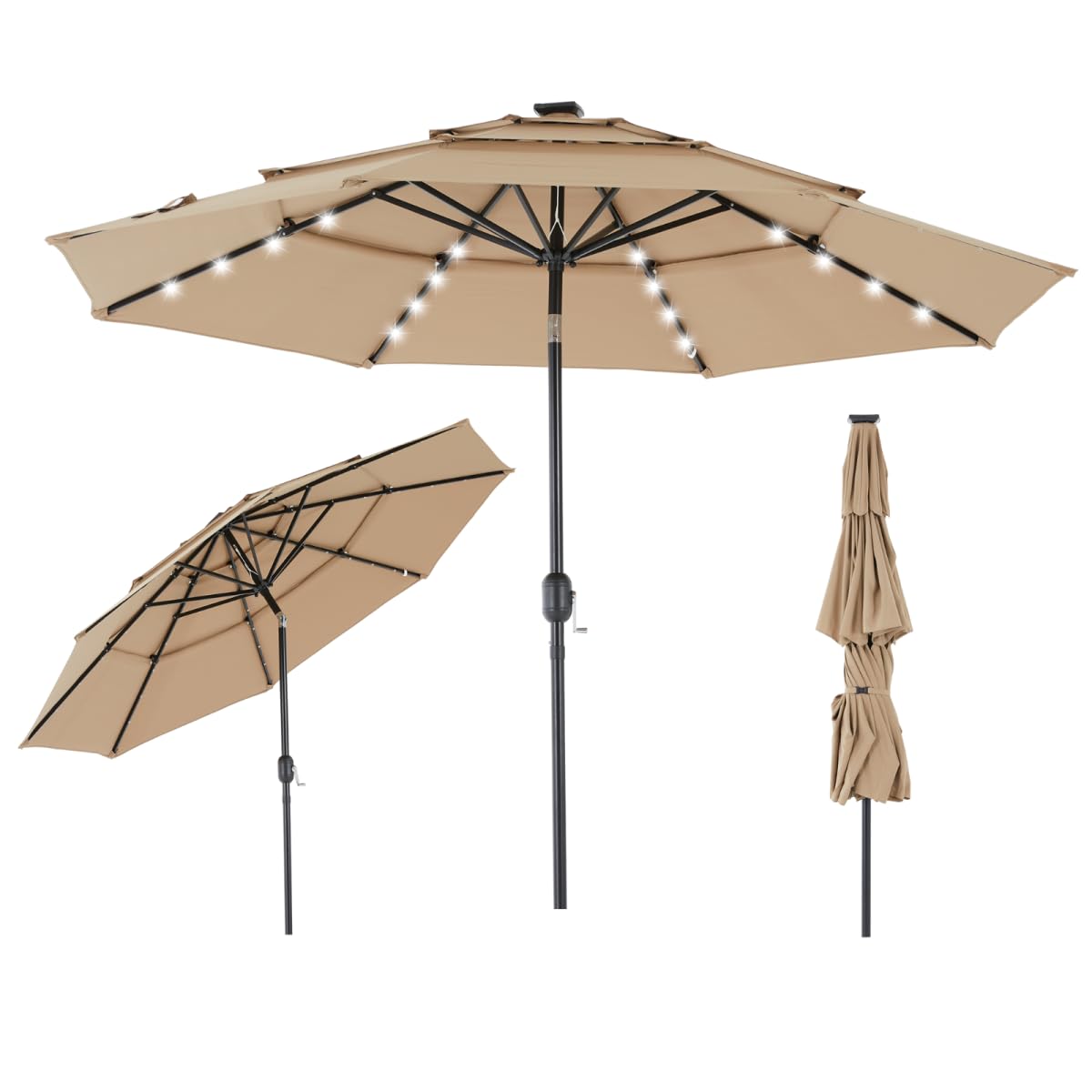 Simple Deluxe 10' 3-Tiers Solar Patio Umbrella 32 LED Lighted Table Market Umbrellas with Push Button Tilt/Crank Outdoor Umbrella for Garden, Deck, Backyard and Pool