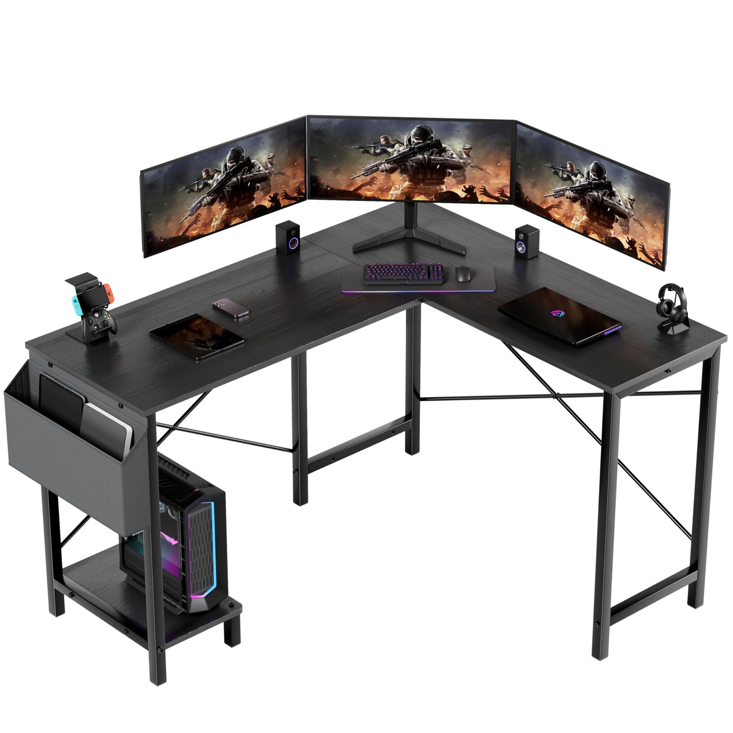 YSSOA 50" L Shaped Gaming Desk with Reversible Corner - Home Office Computer Desk with Wood Top, Metal Frame, CPU Stand & Storage Bag for Small Space, Gaming Room