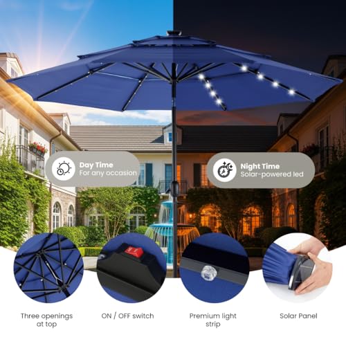 Simple Deluxe 10' 3-Tiers Solar Patio Umbrella 32 LED Lighted Table Market Umbrellas with Push Button Tilt/Crank Outdoor Umbrella for Garden, Deck, Backyard and Pool