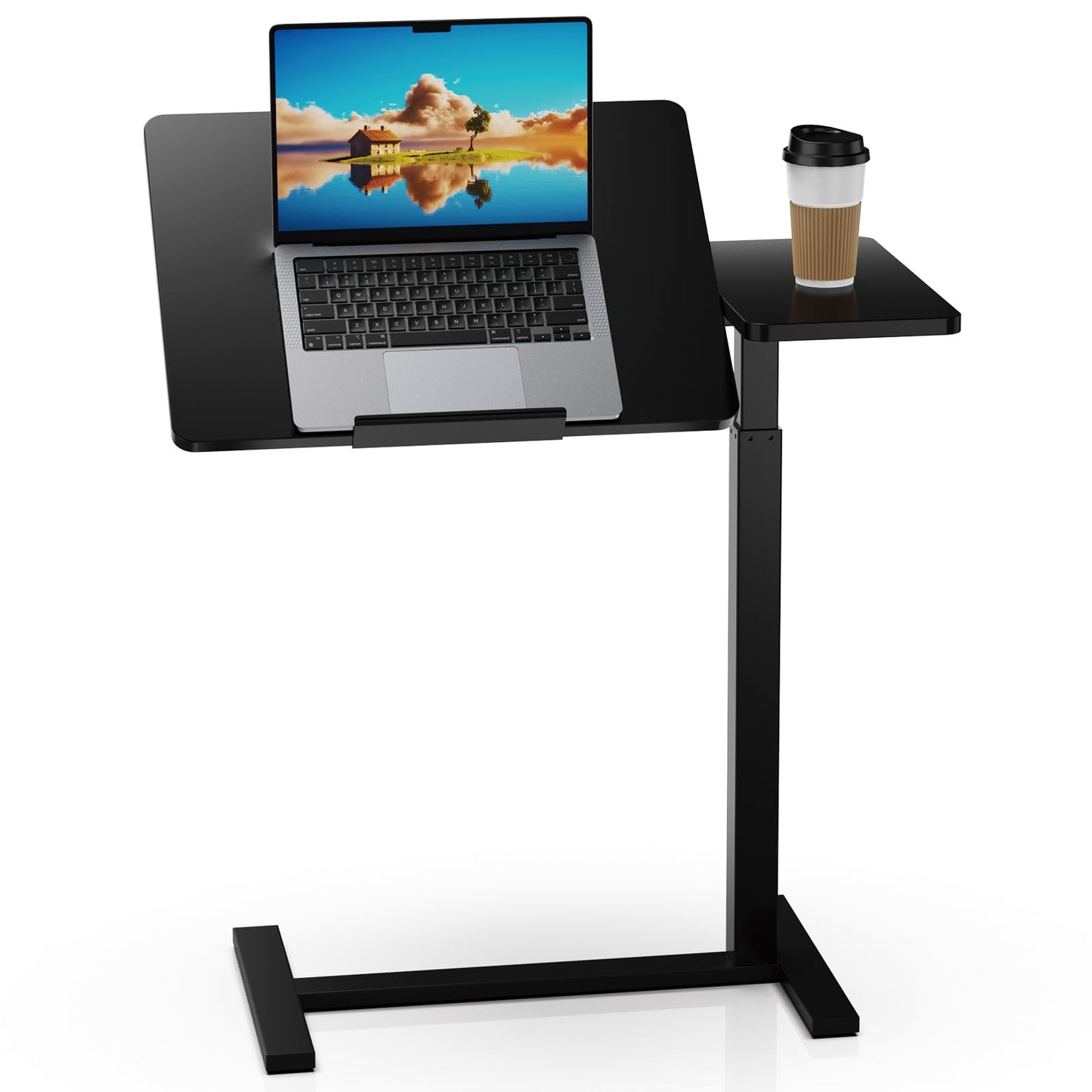 Simple Deluxe Adjustable Overbed Bedside Table with Wheels, Rolling Laptop Table, Pneumatic Adjustable Hospital & Home Use Bed Table, Mobile Standing Desk, Brown