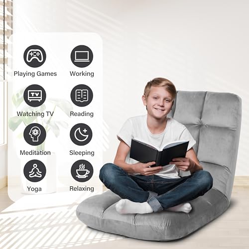 YSSOA Floor Chair with Back Support Meditation Chair 14 Adjustable Position Folding Sofa Seat, Flame Retardant Sponge Padded Sleeper Bed Suit for Gaming Working Yoga, Grey