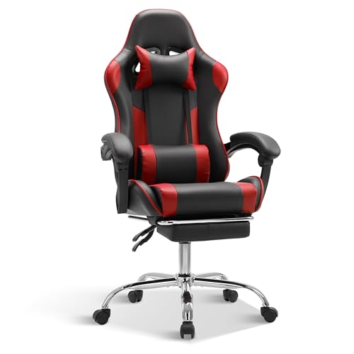 Simple Deluxe Video Gaming Chair with Footrest and Lumbar Support, Ergonomic PU Leather Computer Chair, 360° Swivel - Height Adjustable Game Chair for Office/Gaming(Black Red)