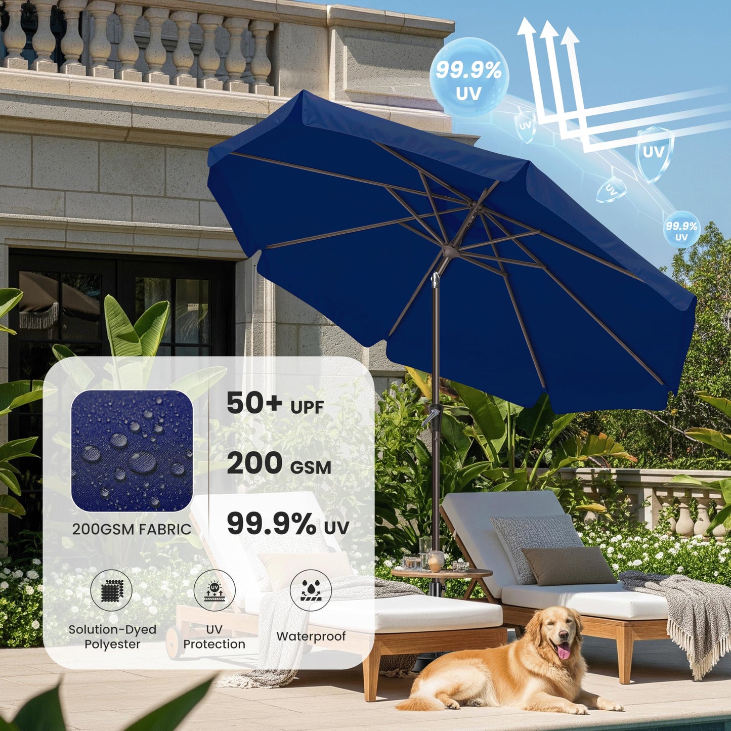 Simple Deluxe 9' Patio Umbrella with Wind-Floating Valances, Push Button Tilt & Crank Lift, UV Protection Sunshade for Table, Garden, Pool, Beach