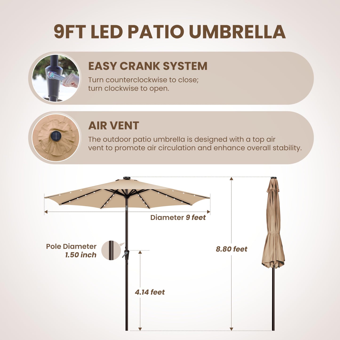 Simple Deluxe 9' Solar Patio Umbrella 32 LED Lighted Table Market Umbrellas with Push Button Tilt/Crank Outdoor Umbrella for Garden, Deck, Backyard and Pool