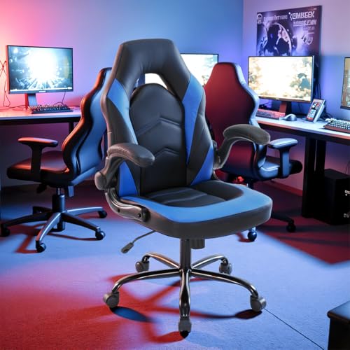 Simple Deluxe Gaming Chair - Ergonomic PU Leather with 90° Flip-Up Arms, 360° Swivel Computer Desk Chair for Compact Spaces, Esports, Home Office(Black Blue)