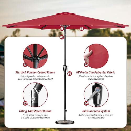 Simple Deluxe 9FT Outdoor Patio Umbrella Table Market Umbrella with Push Button Tilt and Crank, 8 Sturdy Ribs, UV Protection Waterproof for Garden, Lawn, Deck, Backyard, Pool