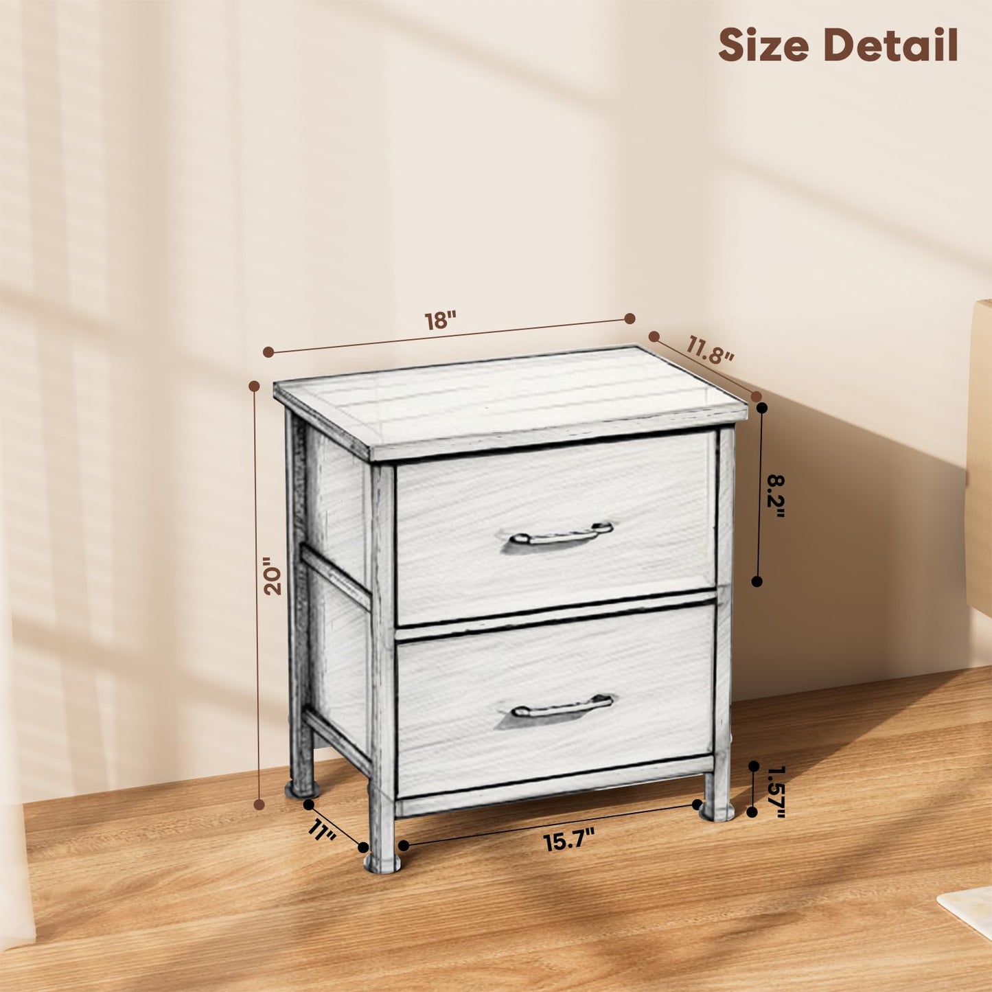 Simple Deluxe Nightstand 2 Drawers Dresser for Bedroom, Night Stand Set 2, 3-Tier Bedside Table with Fabric Bins, End Table for Living Room, Wood top Load-Bearing up to 44 lb