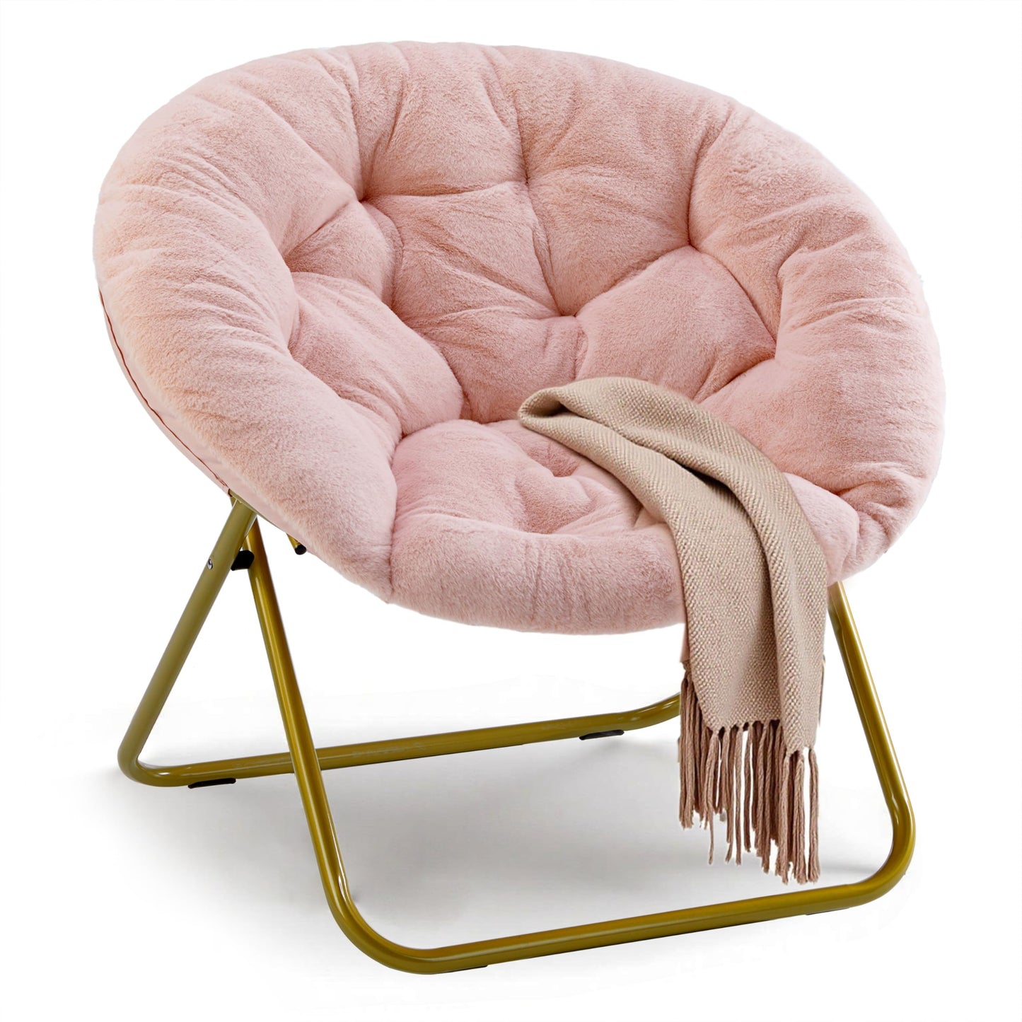 YSSOA Saucer Chair, Comfy Faux Fur Chair for Bedroom, Saucer Chairs for Adults, Teens, Round Shaped Moon Chair with Foldable Metal Frame