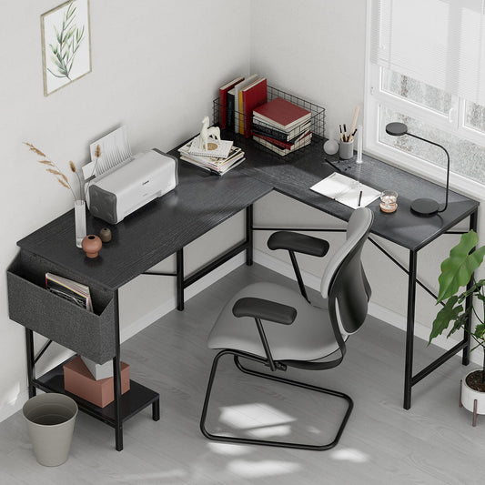 L Shaped Desk Gaming Computer 50 Inch Reversible Corner Table PC Work Table for Writing Study Student with Wood Tabletop Metal Frame CPU Stand Side Bag for Home Office Small Place