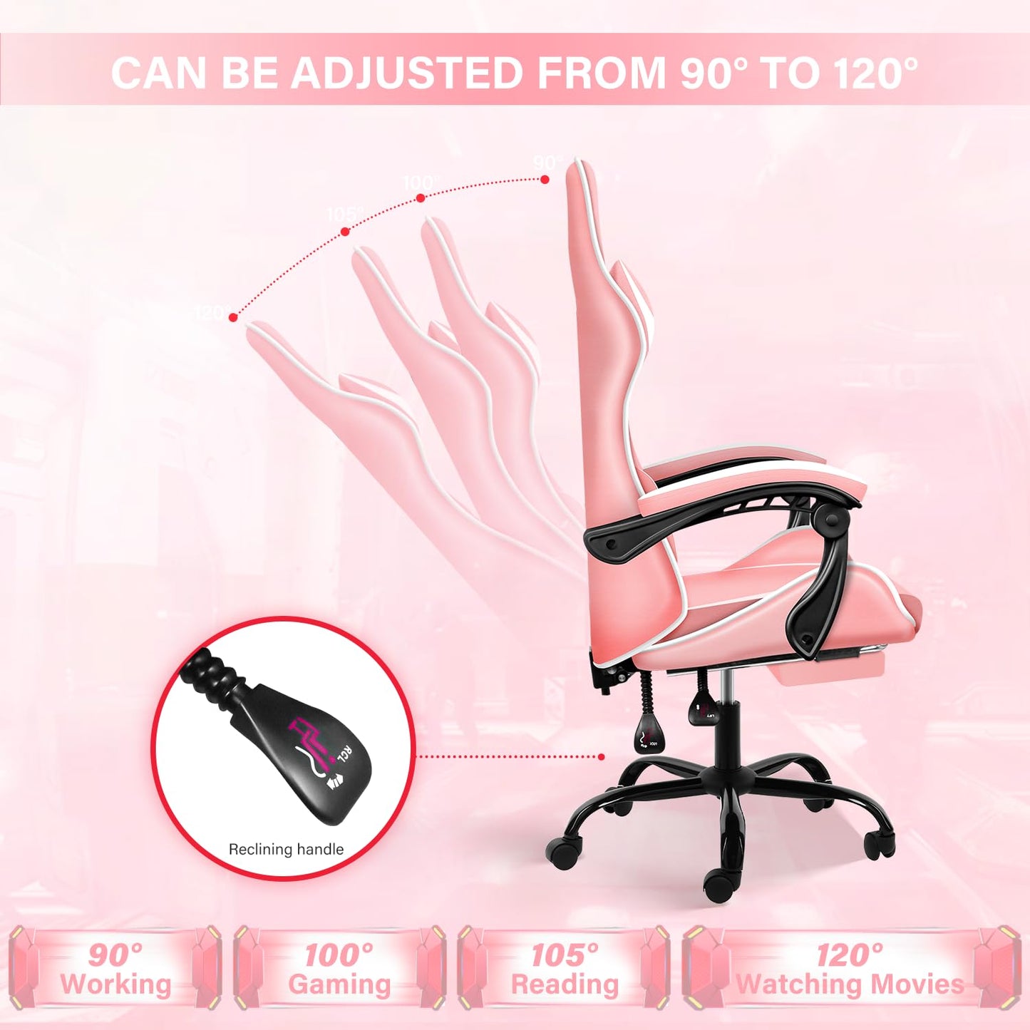 Gaming Chair, Backrest and Seat Height Adjustable Swivel Recliner Racing Office Computer Ergonomic Video Game Chair with Footrest and Lumbar Support
