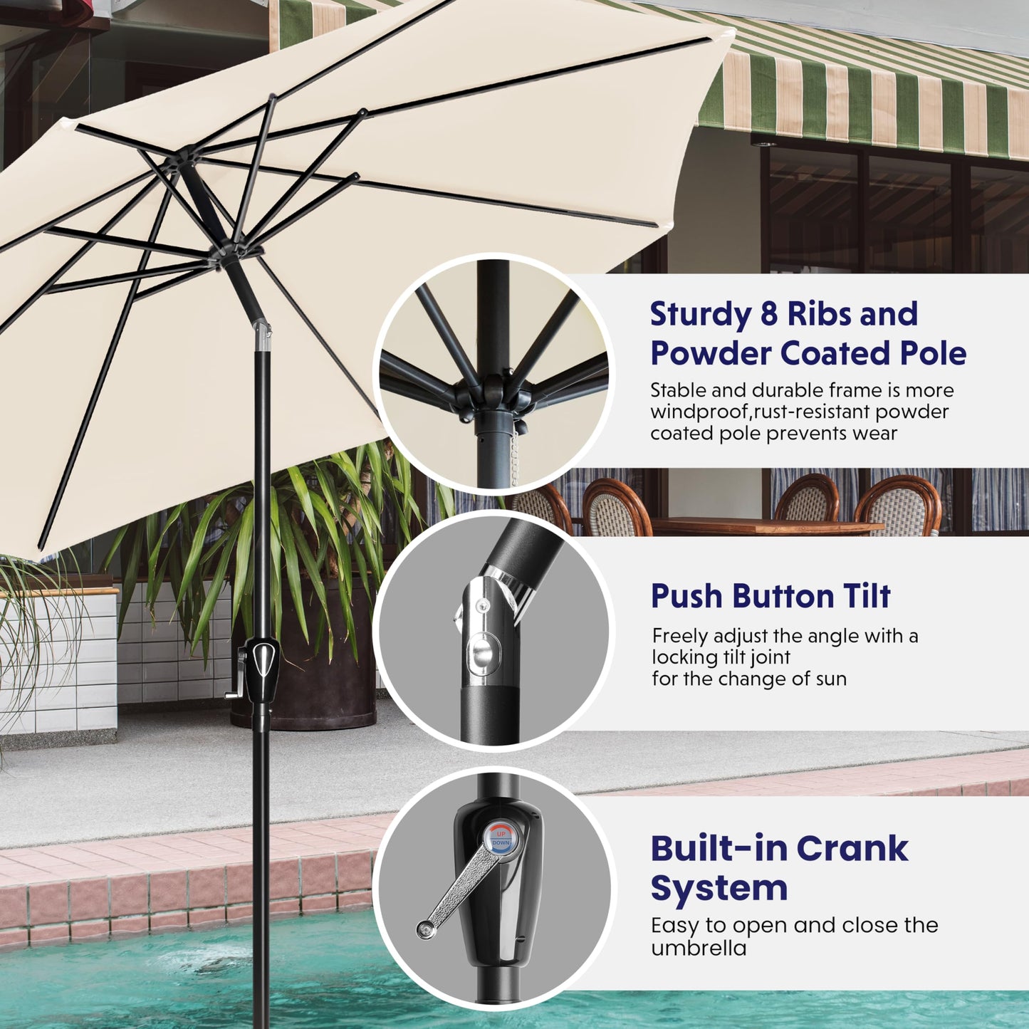 iPower 9ft Patio Umbrella Outdoor Table Umbrellas with 8 Sturdy Ribs, Push Button Tilt and Crank for Yard, Pool and Garden