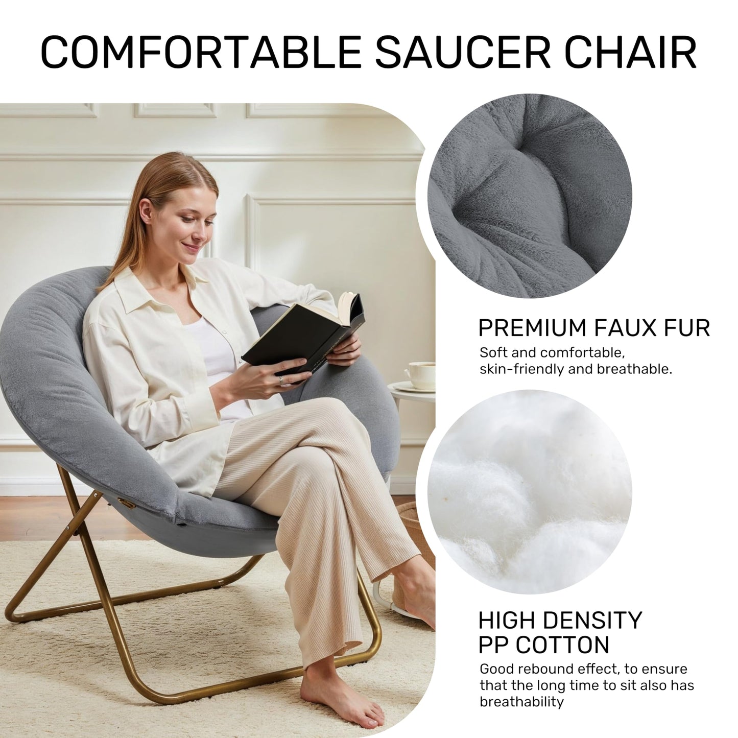 Saucer Chair Comfy Faux Fur, Folding Moon Chair with Metal Frame, Cozy Round Chair, Lounge Lazy Chair for Living Room Bedroom Adults Kids Teens