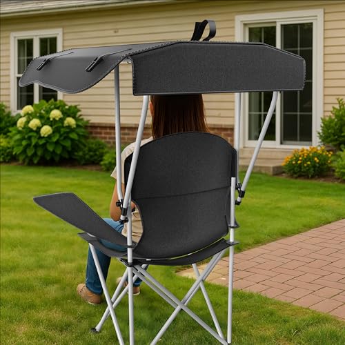 Portable Folding Camping Chair with Canopy Shade, Heavy Duty Lounge Chair Folding Beach Chairs for Adults, Suitable for Outside, Beach and Patio-Support 220 LBS