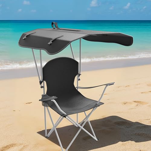 Portable Folding Camping Chair with Canopy Shade, Heavy Duty Lounge Chair Folding Beach Chairs for Adults, Suitable for Outside, Beach and Patio-Support 220 LBS
