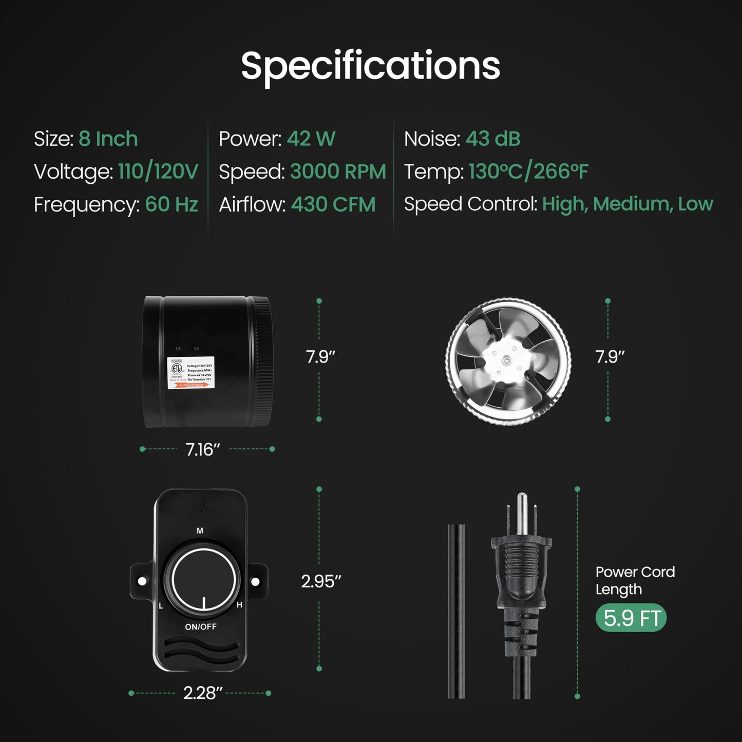 iPower Inline Duct Booster Fan with Speed Controller