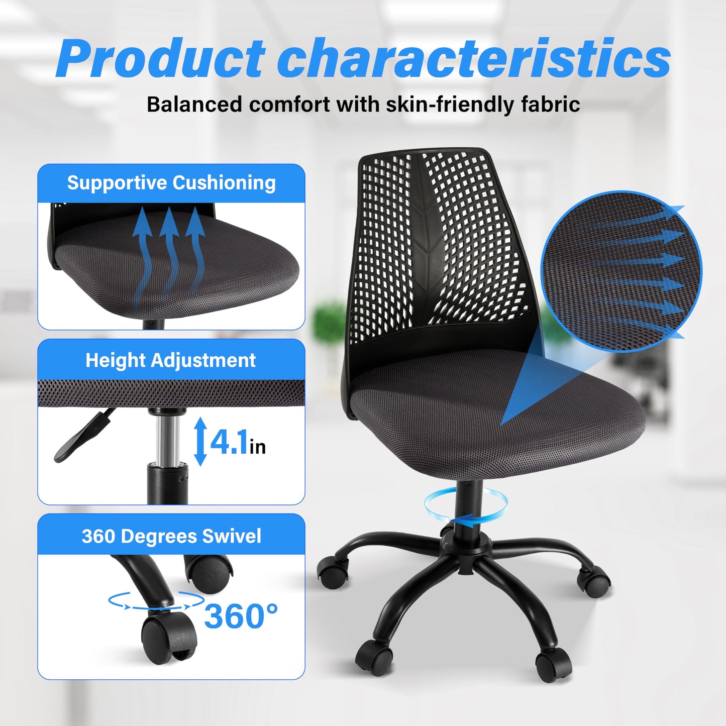 YSSOA Ergonomic Office Computer Gaming Chair with Supportive Cushioning, 360° Swivel and Sturdy Metal Legs, Black & Gray