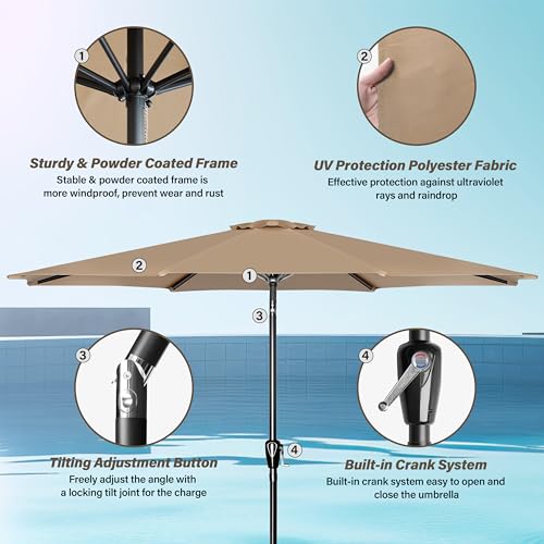 YSSOA 9ft/10ft Outdoor Market Patio Umbrella with 8 Sturdy Ribs, Tilt/Crank Push Button for Garden, Deck, Backyard and Pool