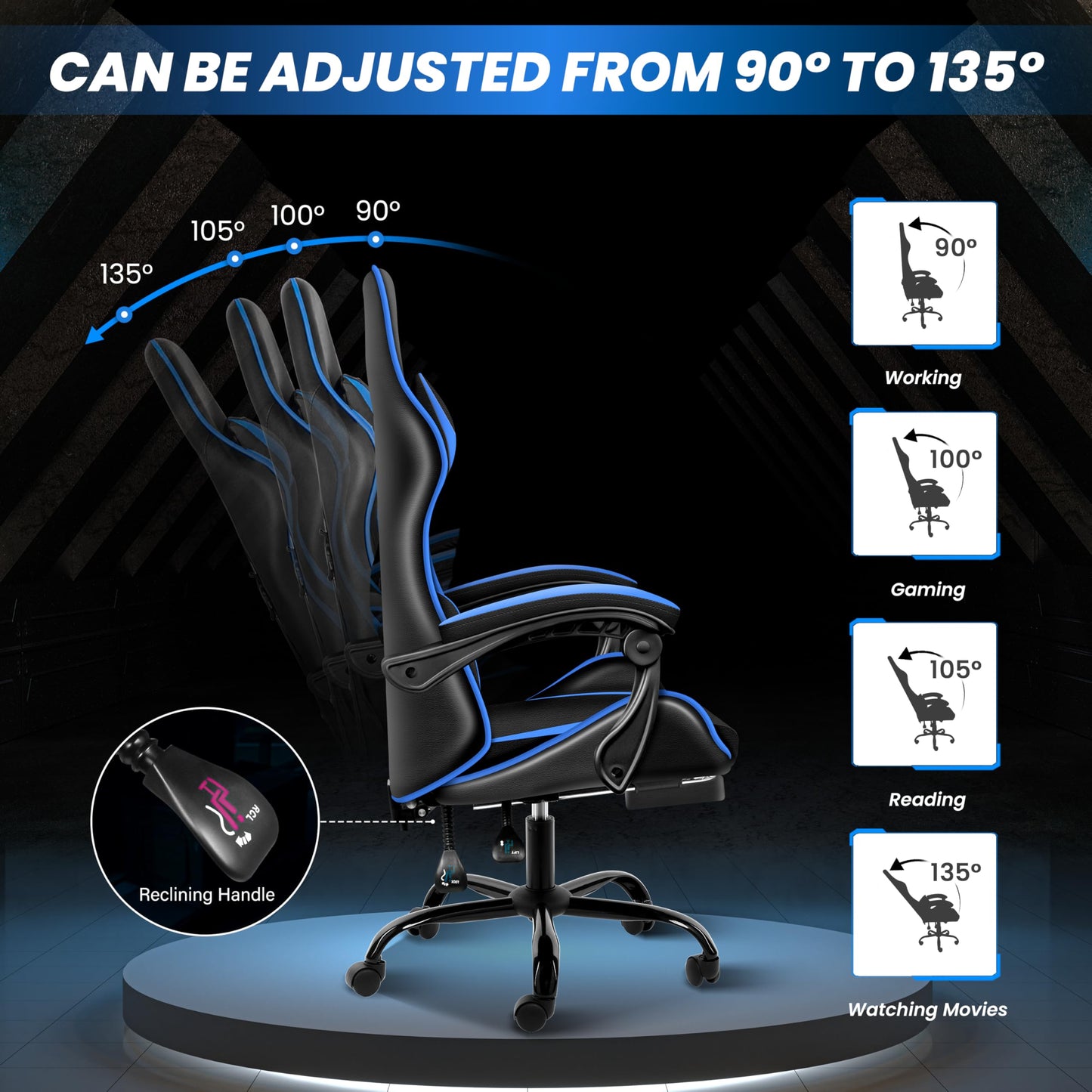 Simple Deluxe Gaming Chair, High Back Office Computer Desk Chair with Adjustable Lumbar Support, Recliner Swivel Video Game Chair with Footrest, Height Adjustable Seat and Backrest