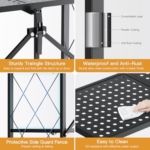 3-Tier Heavy Duty Foldable Metal Rack Storage Shelving Unit with Wheels Moving Easily Organizer Shelves Great for Garage Kitchen Holds up to 750 lbs Capacity, Black